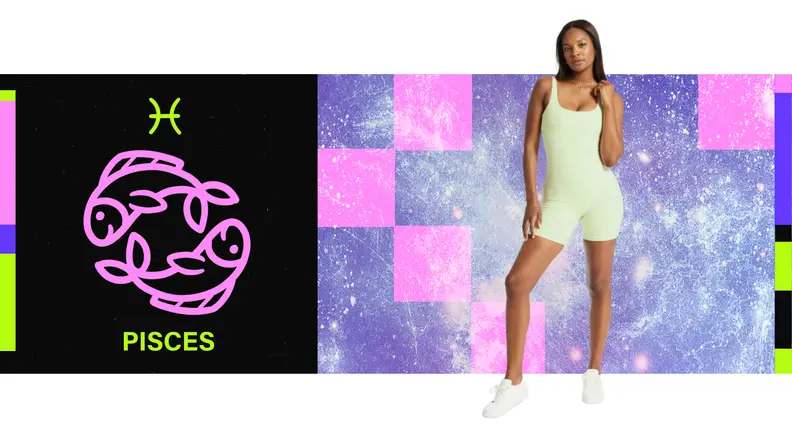 On the left is an illustration of the zodiac sign for Pisces. On the right is a model wearing a green catsuit.