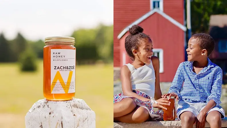 Left: A jar of golden honey sits on top of a white fence post with a scenic farm as the backdrop. Right: Two young Black children sit laughing in front of a red barn with a jar of honey in between them.