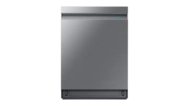Silver dishwasher against a white background
