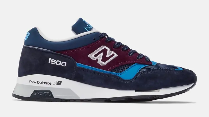 A pair of colorful New Balance Made in England 1500 sneakers.