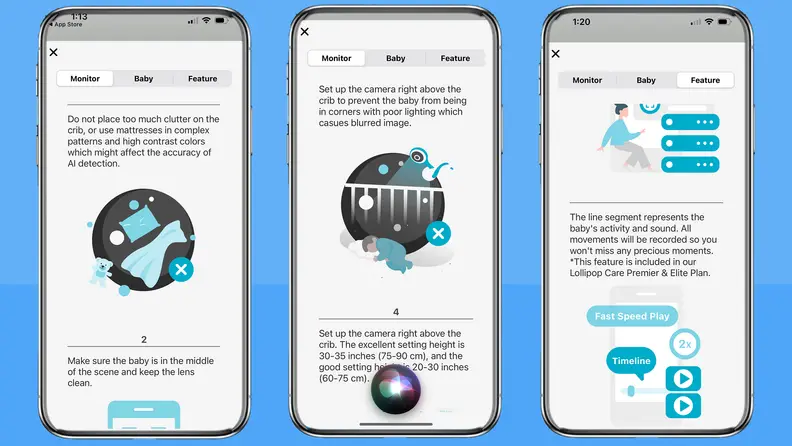 Three smart phones with screenshots from the Lollipop app that can adjust the features and settings.