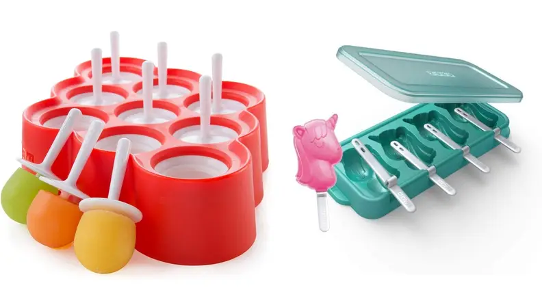 Two different popsicle-making kits are shown side-by-side. The one on the right products enicorn-shaped popsicles; the other makes quasispherical ones.