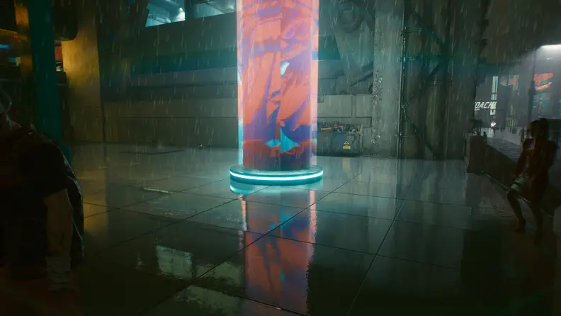 A split screen of a building in a video game with different lighting effects