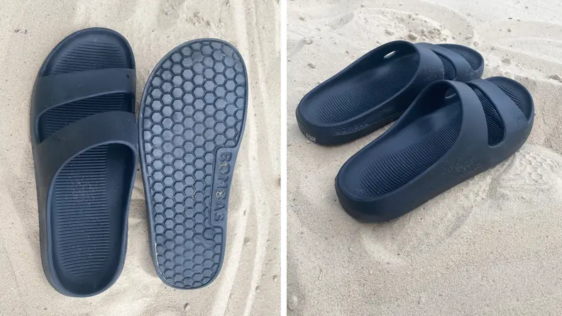 Two shots of a pair of slide sandals on the beach.