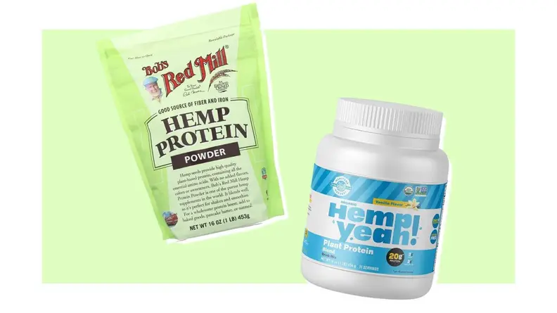One resealable bag of  Bob’s Red Mill protein powder next to jug of Manitoba Harvest.