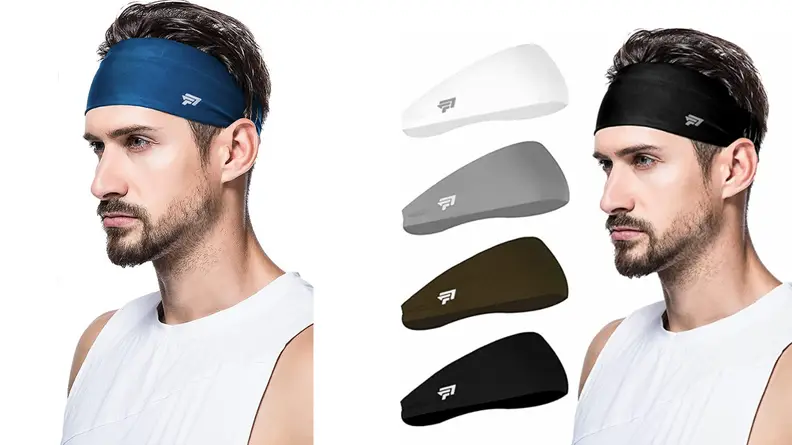 Man wearing blue sweatband by Poshei, man next to array of colorful headbands by Poshei.