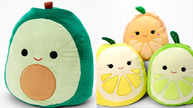 An avocado and three citrus Squishmallows