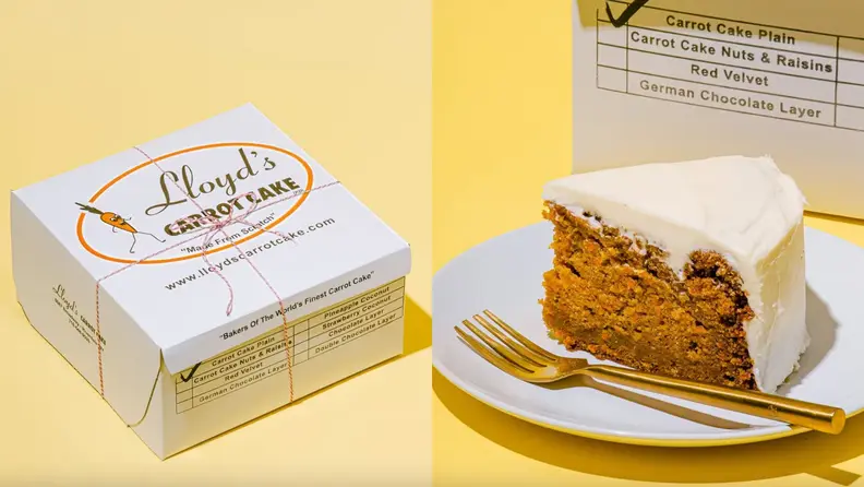 On left, box of Lloyd's carrot cake. On right, slice of carrot cake on a plate.