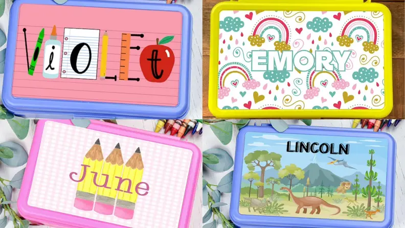 Four multi-colored pencil cases with the names "Violet," "Emory," June," and "Lincoln."