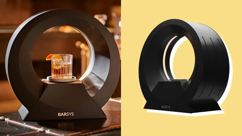 Left: Barsys 360 on counter with old fashioned cocktail inside. Right: Barsys 360 on yellow background