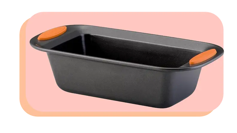 Bread load pan with orange handles on both sides.