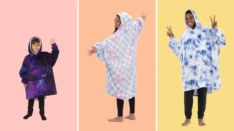 Three models wearing The Comfy blanket hoodie in different colorways.