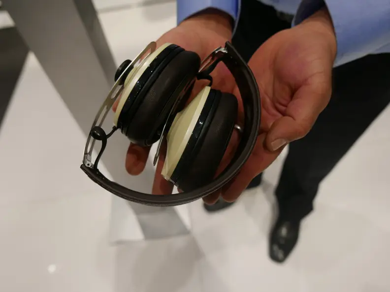 Momentum Wireless headphones fold into more compact shape for portability.