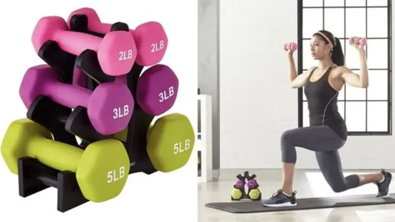 Left: Three sets of dumbbells, weighing two pounds, three pounds, and five pounds, respectively. Right: A woman in workout clothes on a yoga mat lifting the two-pound dumbbells.