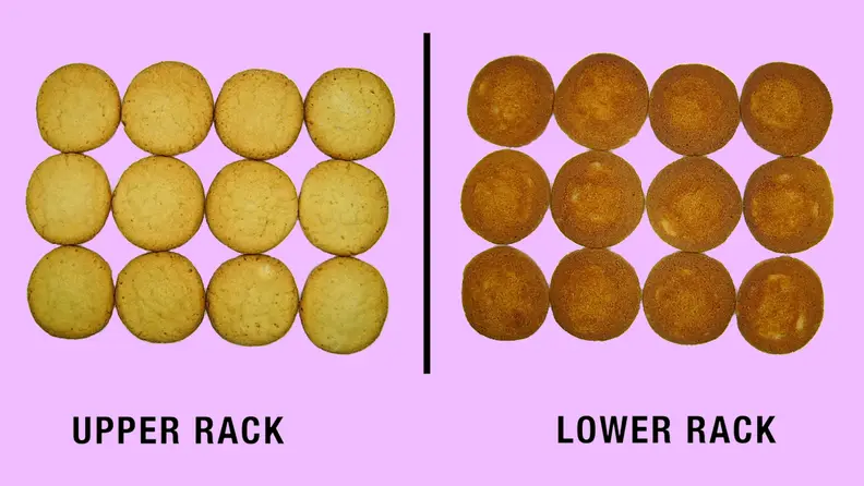 A tray of cookies showing the top and bottom after being baked. The top side looks golden while the bottom side looks more brown.