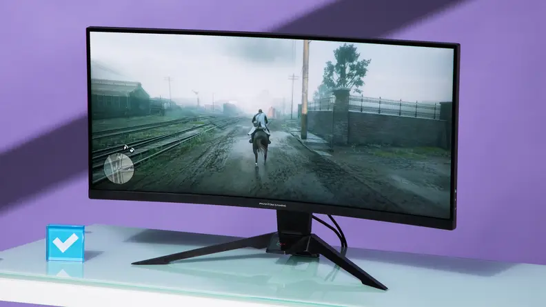 The front view of an ASRock Phantom Gaming PG34WQ15R2B monitor.