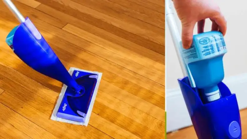 A person mopping wooden floors with a Swiffer WetJet.