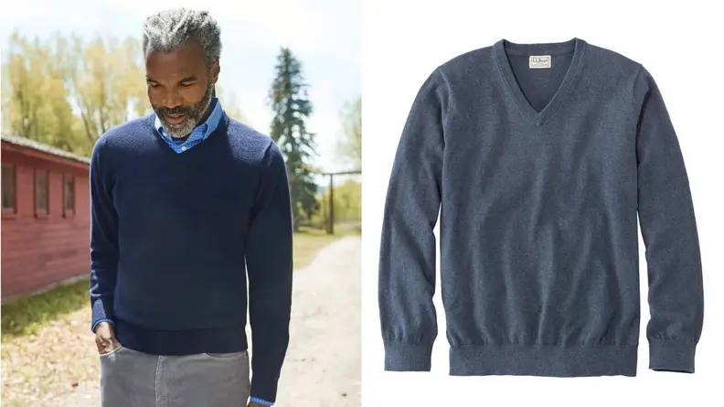 Man wearing a blue v-neck sweatshirt from L.L. Bean, close-up photo of blue v-neck sweatshirt from L.L. Bean.