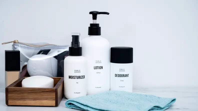 The Public Goods Face Moisturizer, Hand Soap, and Deodorant.