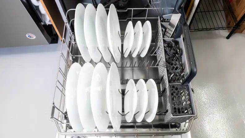 A shot of the Samsung DW80R2031US dishwasher's lower rack