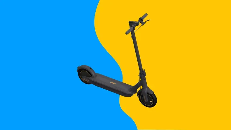 A black scooter against a blue and yellow background.