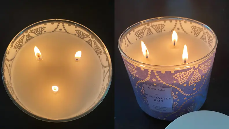 Side by side photos of 3-wick candles from Bath and Body Works.