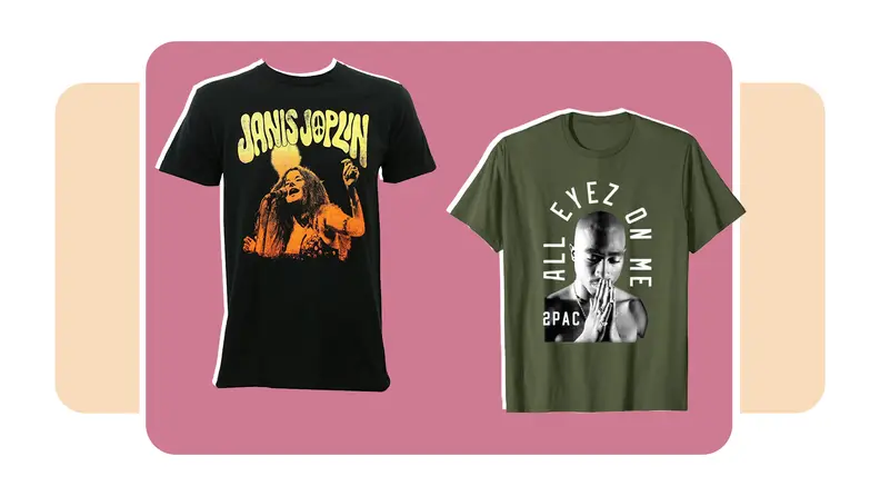 A Janis Joplin t-shirt and a 2Pac t-shirt.