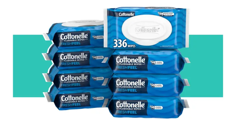 An 8-pack of Cottonelle Fresh Feel Flushable Wet Wipes in front of a background.