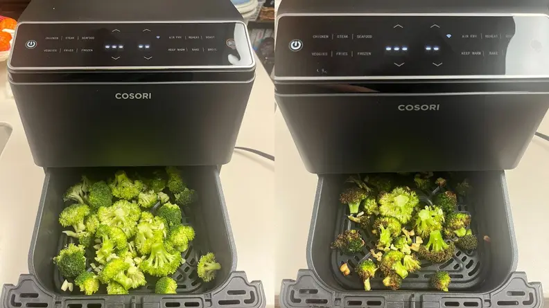 A photo collage of uncooked and air fried broccoli inside of the basket inside of the Cosori Dual Blaze air fryer.