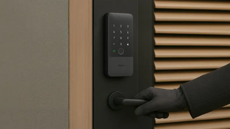 A close-up shows a gloved hand pressing down a door handle beneath a minimalist keypad, featuring the sleek design of an Aqara smart lock.