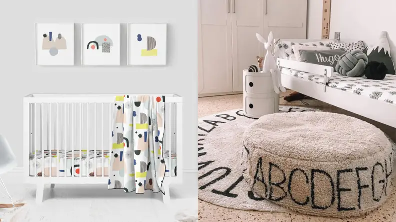 Left: White crib next to a grey wall with art that matches the crib sheets / Right: ABC themed rug and wall art subtly giving the room a beige alphabet theme