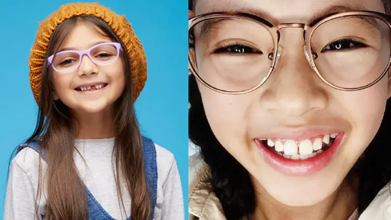 An image of a little girl wearing purple glasses alongside another girl in copper glasses.