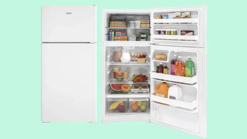 The Hotpoint top-freezer refrigerator, floating in a teal void.