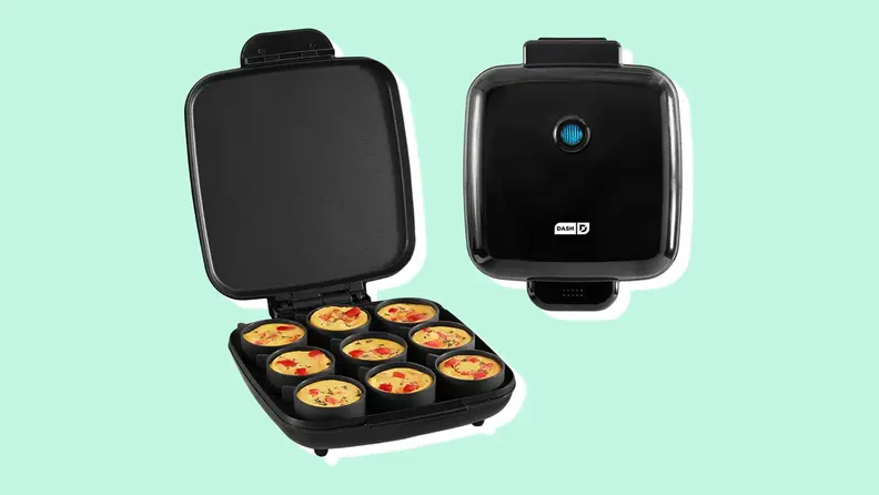 Dash egg bite maker opened and closed on a blue background