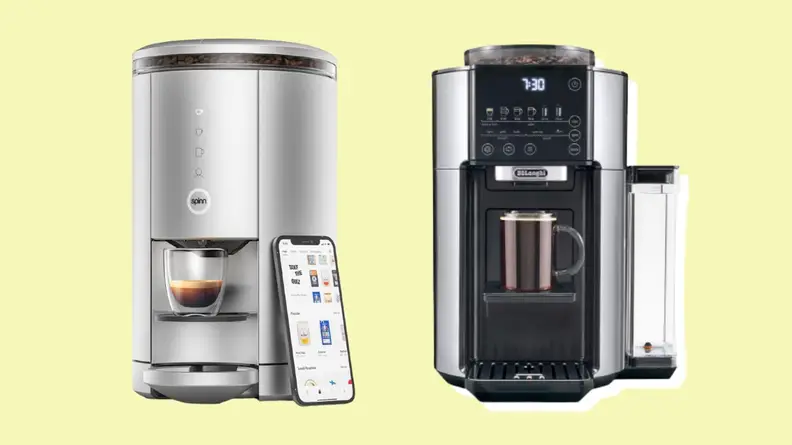 On left, product shot of the Spinn espresso machine. On right, product shot of the De'Longhi TrueBrew espresso machine.