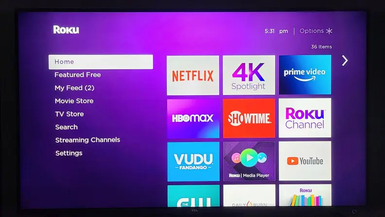 The Roku menu is shown on TV screen, with multiple streaming app squares against a purple background.