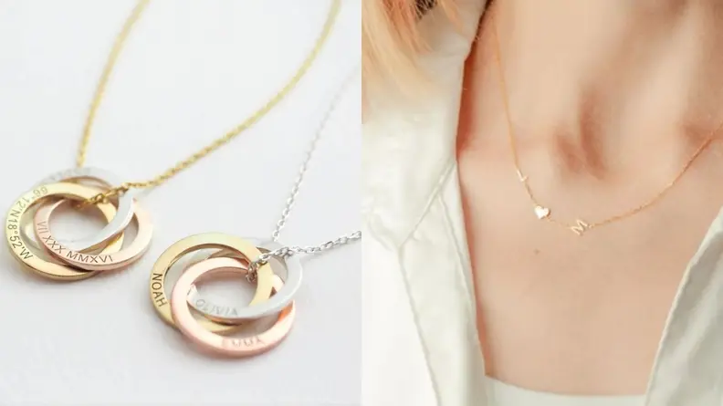 On the left, a pair of charm necklaces are laid out for display: silver, gold, rose gold. The names of three children are etched on one of them. To the right, we see another necklace being worn around a neck in close-up.