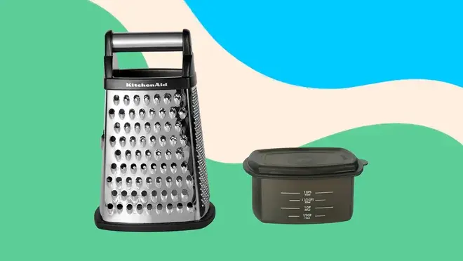 The KitchenAin Gourmet grater in front of an artistic background.
