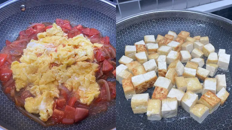 On left, eggs and tomatoes cooking together inside of skillet pan. On right, tofu cubes browning inside of skillet pan.