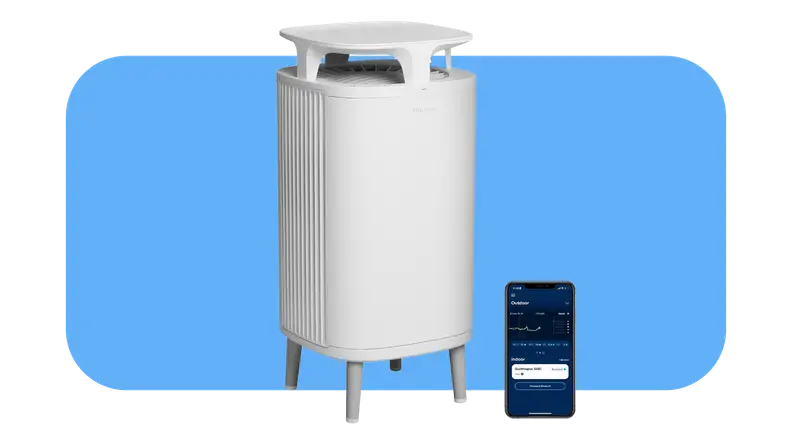 White BlueAir Dustmagnet 5410i air purifier next to smart phone with the Blueair app on screen.
