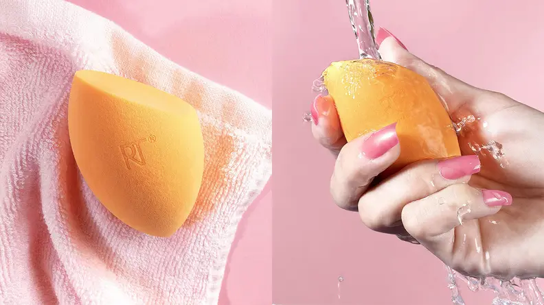 On the left: The orange Real Techniques Miracle Complexion Sponge sits on a light pink towel. On the right: A person holds the orange Real Techniques Miracle Complexion Sponge under a stream of water.
