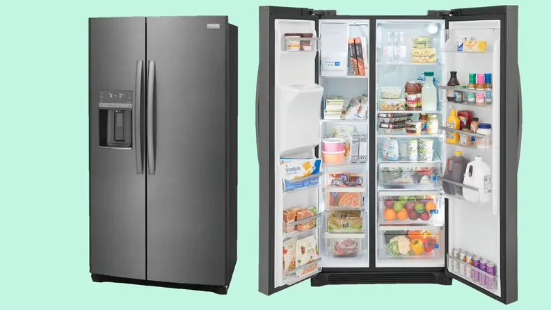 Two images of the Frigidaire GRSC2352AF side-by-side refrigerator, one with its doors closed and the other with its doors open, showcasing a fully-stocked interior