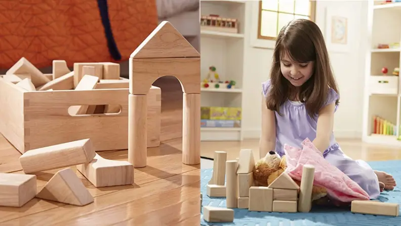 A child building with wooden blocks.