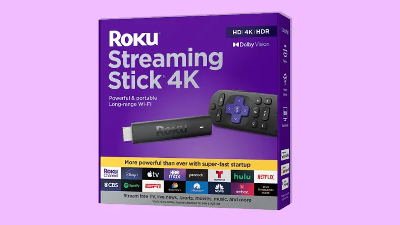 Box for the 4K Roku Streaming Stick on a magenta background.