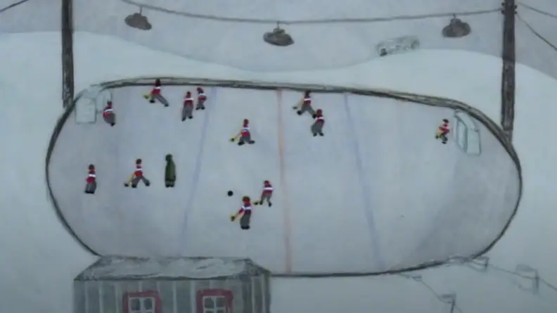 An animated frame of a hockey game on a frozen pond.