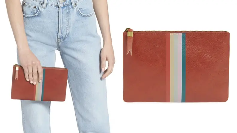 On left, woman holding the Madewell Leather Pouch Clutch in her hand. On right, product shot of the Madewell Leather Pouch Clutch.