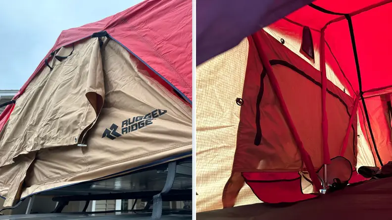 Split image of a close-up of the Rugged Ridge Roof Top Tent and its red-hued interior entrance flap.