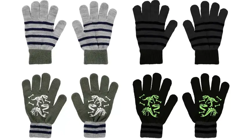 Two pairs of kids gloves, shown in daylight and glowing in the dark