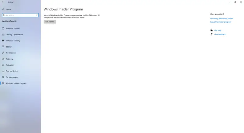 The default Windows Insider screen