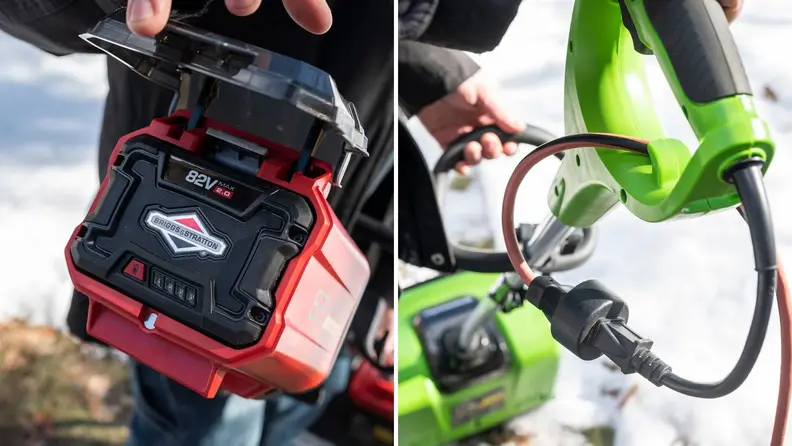 Closeups of battery and corded electric snow shovels.